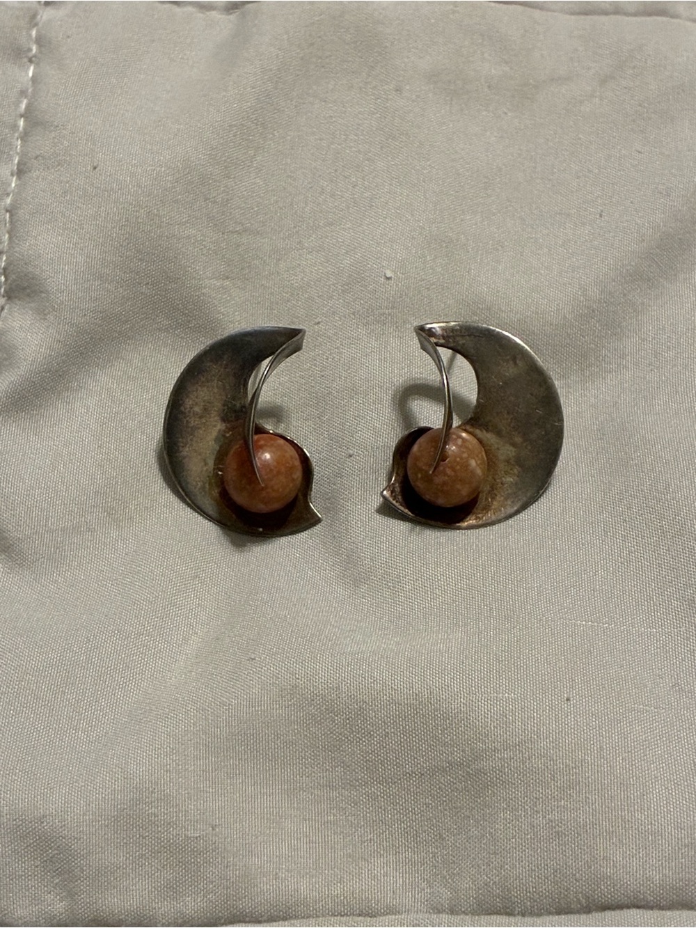 vintage modernist sterling silver and stone cabochon drop earrings